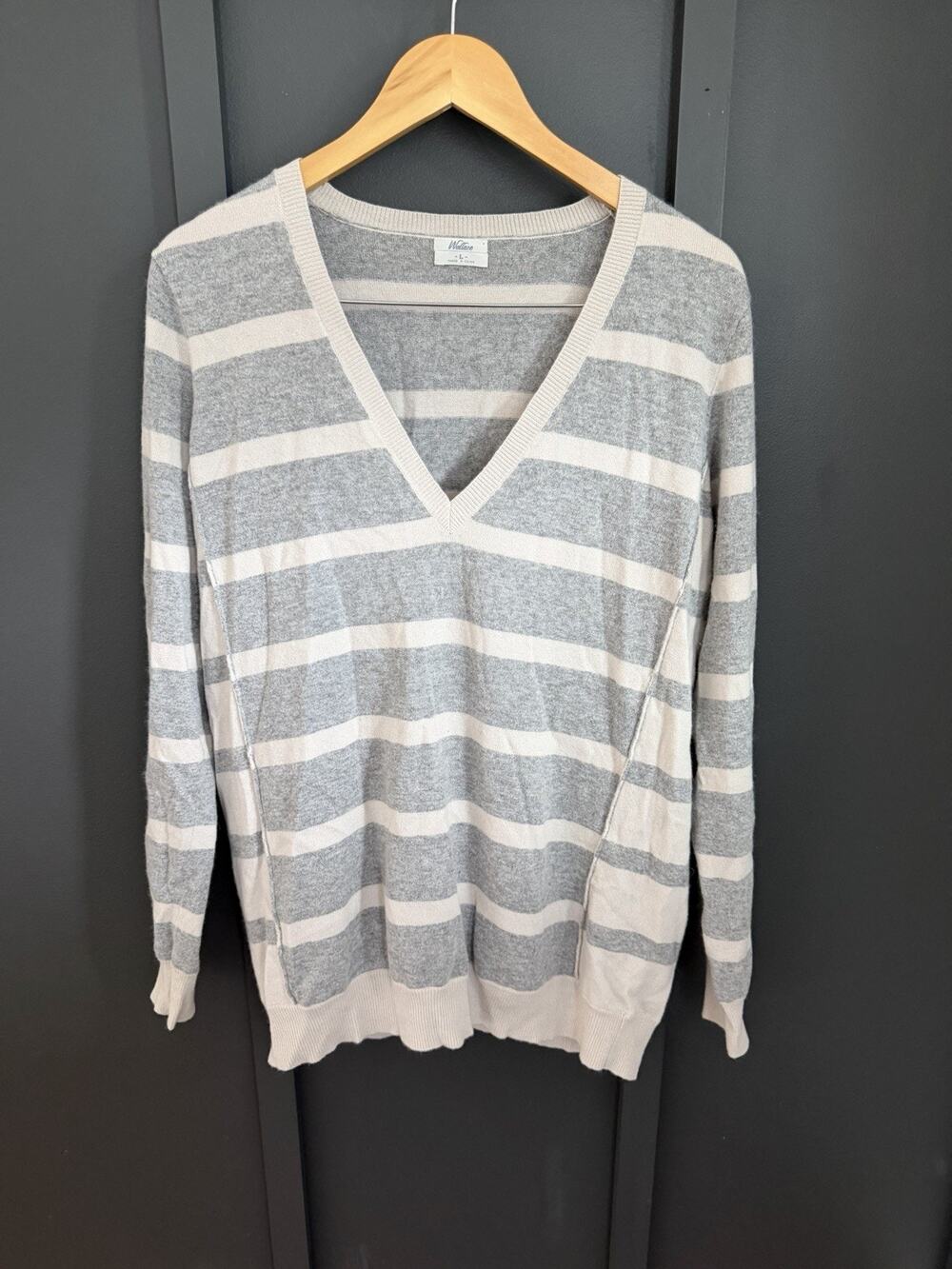 Wallace Sweater Women L Brown White Stripe Wool Blend Pullover Long Sleeve Knit